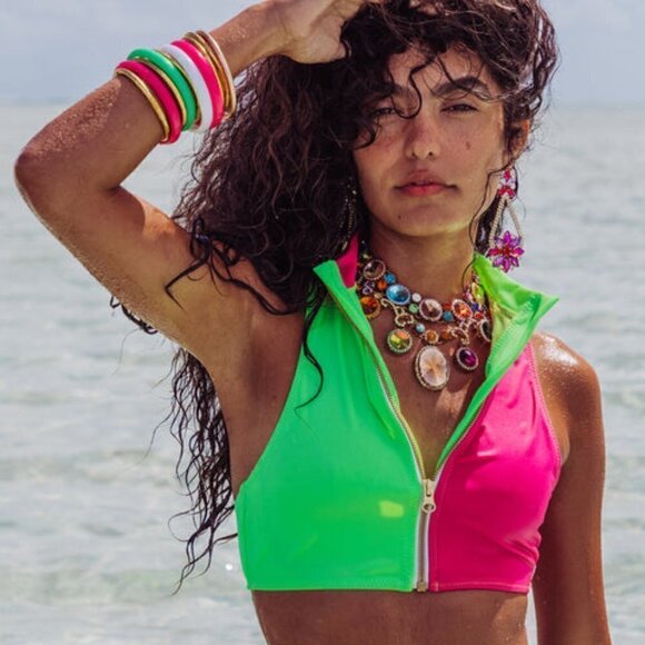 LoveShackFancy x Hurley Solid Blocked Bow Bikini Top in Magenta Neon Lime - Picture 1 of 15